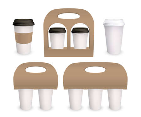 Coffee cup carton paper pack holder mockup vector 3D isolated models set for coffee takeawayのイラスト素材