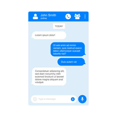 Chat page for messenger application. Vector flat cartoon template design for social network chat blue backgroundのイラスト素材