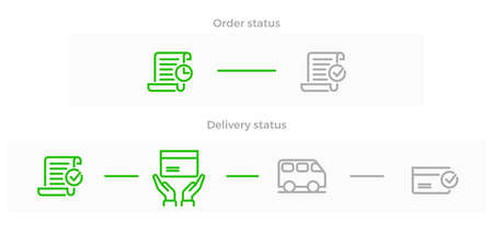Order delivery and logistics line icon for online shop tracking web design. Vector symbols of order received, in transit and delivered with courier van or truck to houseのイラスト素材