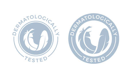 Dermatologically tested logo. Vector feather icons of hypoallergenic package label or dermatology test tag for sensitive skin of kid cosmetic lotion or skincare and bodycare productsのイラスト素材