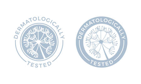 Dermatologically tested logo. Vector dandelion icons of hypoallergenic package label or dermatology test tag for sensitive skin of kid cosmetic lotion or skincare and bodycare productsのイラスト素材