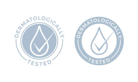 Dermatologically tested logo. Vector water drop icons of hypoallergenic package label or dermatology test tag for sensitive skin of kid cosmetic lotion or skincare and bodycare pure productsのイラスト素材