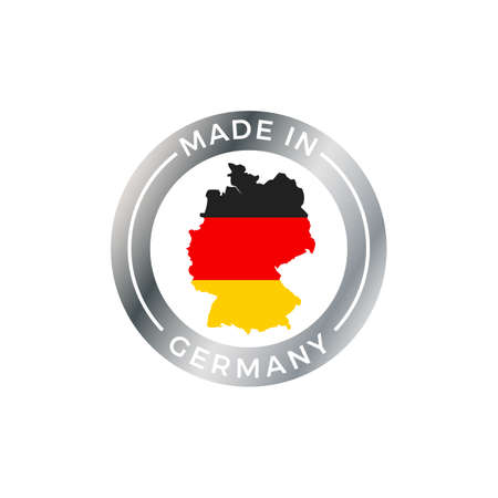 Made in Germany vector logo badge. Germany map flag icon in silver circle for premium quality package labelのイラスト素材