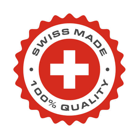 Swiss made 100 percent original premium quality seal icon. Vector Switzerland flag logo in circle frameのイラスト素材