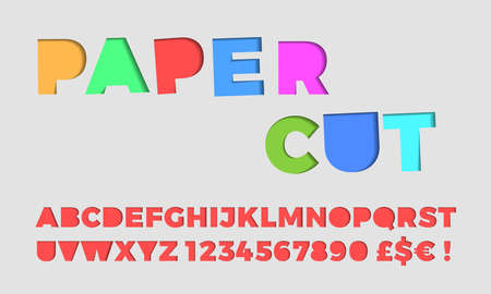 Paper cut letters font. Vector papercut typography carving craft color 3D alphabetのイラスト素材