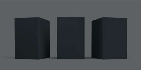 Black box package mock-up set. Vector black carton cardboard or paper package boxes, isolated 3D models templatesのイラスト素材