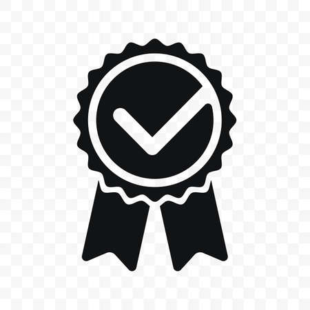 Quality check ribbon icon. Vector product certified or best choice recommended award and warranty check approved certificate mark labelのイラスト素材