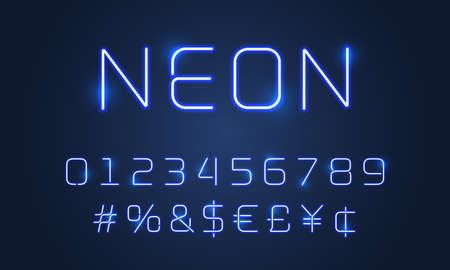 Neon light font alphabet numbers and special symbols. Vector blue neon tubes glow alphabet font with hashtag signのイラスト素材