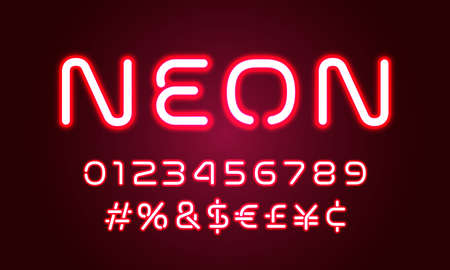 Neon light alphabet font numbers and special symbols with led hashtag. Vector red neon glow font alphabet with pink ultraviolet led lightのイラスト素材