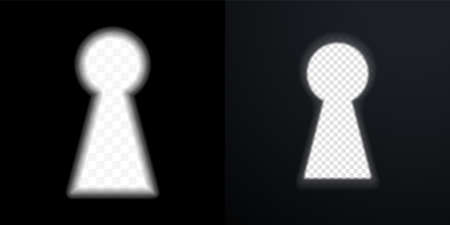 Keyhole vector icons. Door key hole with light glow blur on black and white transparent backgroundのイラスト素材