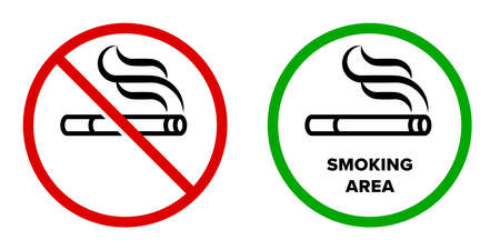 Smoking area and no smoking vector icons. Cigarette smokers zone, smoking permitted and forbidden signのイラスト素材