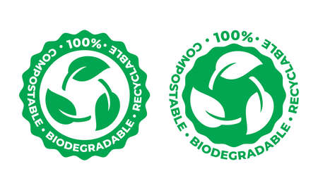 Biodegradable and compostable recyclable vector icon. 100 percent bio recyclable package green leafのイラスト素材