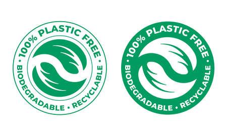 Biodegradable, plastic free recyclable vector icon. 100 percent bio recyclable package green stampのイラスト素材