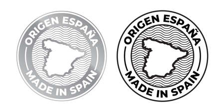 Made in Spain, Origen Espana, product label map stamp. Vector Spanish made 100 percent premium quality production package iconのイラスト素材
