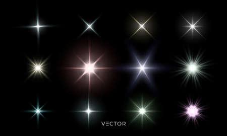 Glowing star lights effect, lens flare and bright explosion effect. Vector isolated color star light flash and sparkle rays set on transparent backgroundのイラスト素材