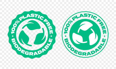 Biodegradable plastic package label. Vector compostable and bio recyclable eco friendly green leaf stampのイラスト素材