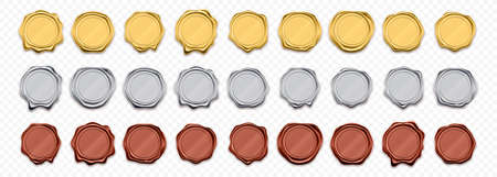 Wax seals, golden and silver stamps, vector realistic warranty labels. Shiny gold and red wax stamp seals templates, quality warranty and guarantee certificatesのイラスト素材