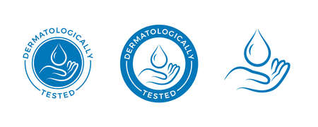 Dermatologically tested vector label with water drop and hand logo. Dermatology test, dermatologist clinically proven icon for allergy free and healthy safe product package tagのイラスト素材