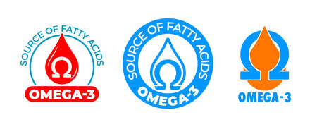 Omega 3 icon, vitamin and fish oil drop, fatty acid capsule, essential polyunsaturated acids. Omega 3 sign for dietary supplement and healthy nutritionのイラスト素材