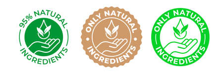 Natural ingredients product icon, green organic bio vector logo with hand, leaf and drop. 95 percent natural ingredients, pure eco label stamp for products package, GMO free and no paraben certificateのイラスト素材