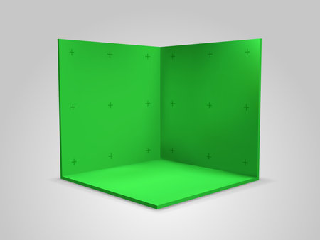 Green chroma key screen background with tracking markers, vector isometric studio room mockup. Chroma key greenscreen studio with camera trackers.のイラスト素材