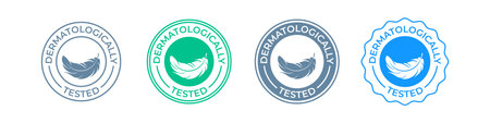 Dermatologically tested icon or label logo with feather, vector tags set for skin moisturizer and cosmetics. Clinically approved hypoallergenic and dermatology test certified stampのイラスト素材