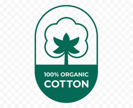 Cotton icon, fabric logo organic natural 100% cotton, vector quality certificate and clothes labelのイラスト素材