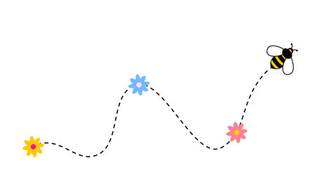 Bee on dotted route flowers, bumblebee fly on dotted line path, vector background. Happy bee on dotted route to honey hive with flower pins on dot line wayのイラスト素材