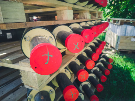 Modern polypropylene pipes for conducting heating mains underground. Close-up photo during sewer...