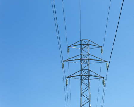 tower and high voltage cables and a blue sky