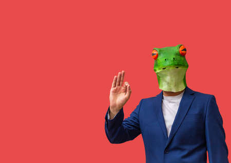 man with googly-eyed frog mask marking approval with his hands "Ok" on red background with copy spaceの写真素材