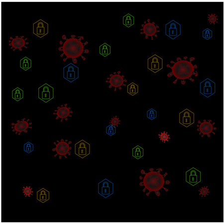 Vector illustration futuristic  pandemic lock concept with different colored locks and virus cells on black background concept security prevention and levelsのイラスト素材