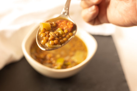 person eating lentils with leek and chorizo with a spoon under selective focusの写真素材