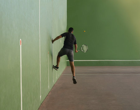 young boy jumping over the wall on a fronton court while using the tennis racket to score a point in...