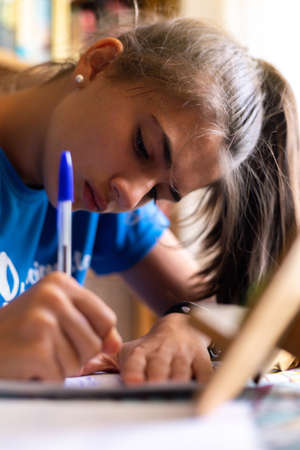 detail of a caucasian teenage girl with long hair in a ponytail studying at home and doing school homework for an exam or to make up for failed subjects concpeto learnの写真素材