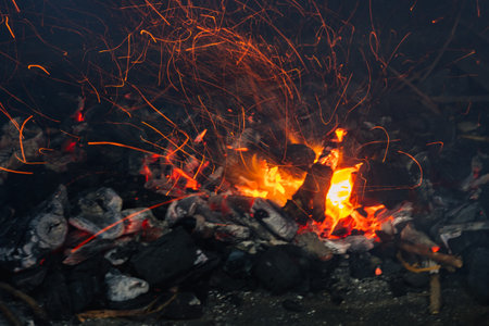sparks of fire flying over the embers of tree branches and charcoal prepared for a barbecue