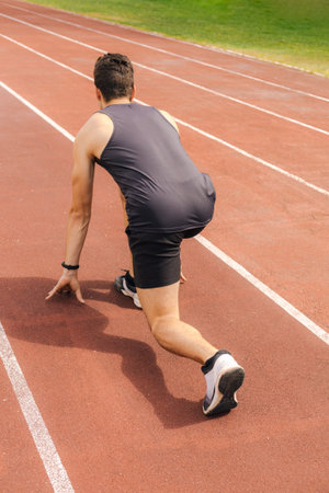young athlete prepared to start a race down a street of the athletics track in his training concept...