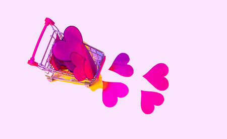 shopping cart with red hearts valentines day conceptの写真素材