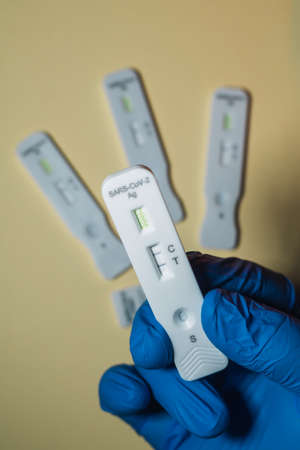 Close-up of a physicians hands holding the covid19 rapid test with a positive result and others in the background with a negative result to test the patients immunityの写真素材