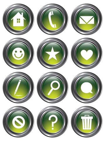 A set of 12 shiny green action buttons with metallic borders のイラスト素材