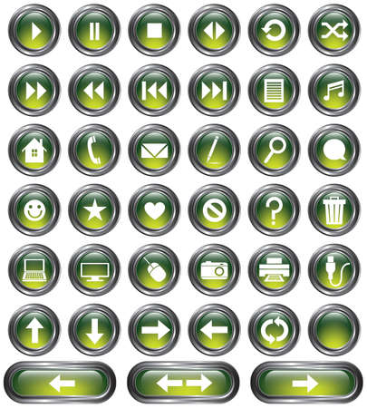 A set of 38 shiny green buttons with metallic borders のイラスト素材