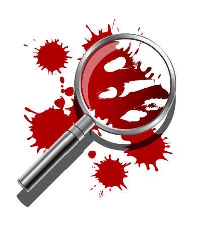 A magnifying glass being used to inspect the bloody evidence of a crime scene のイラスト素材