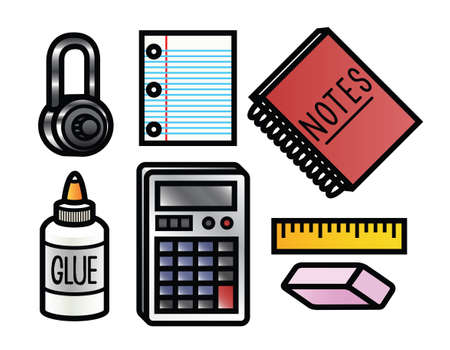 7 cute and colorful cartoon school supplies のイラスト素材