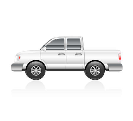 Illustration of a white pickup truck with reflection のイラスト素材