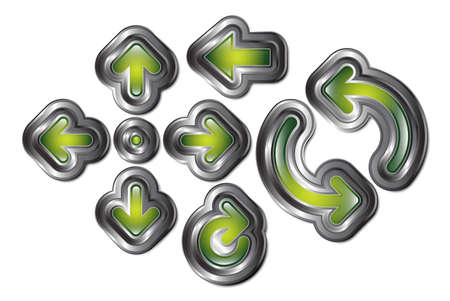 A set of 8 glowing green arrows with metallic borders.のイラスト素材