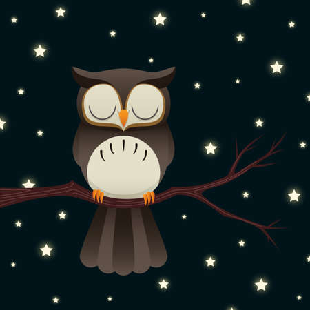 Illustration of a cute cartoon owl sleeping under a starry night sky.のイラスト素材