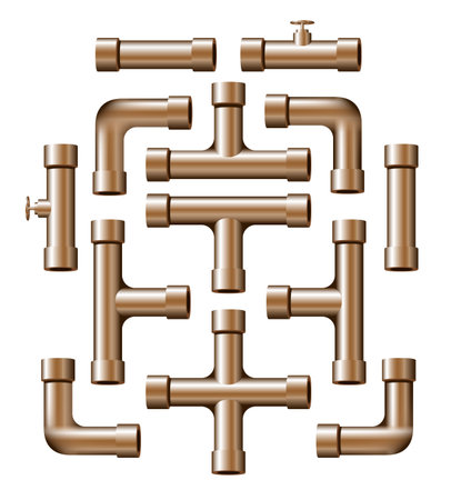 Collection of realistic copper pipe pieces of various shapes and lengths.のイラスト素材