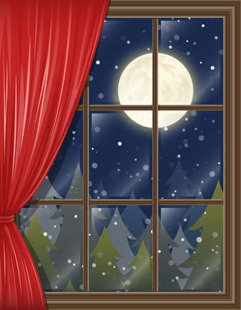 Illustration depicting a chilly winter forest landscape viewed through a window のイラスト素材