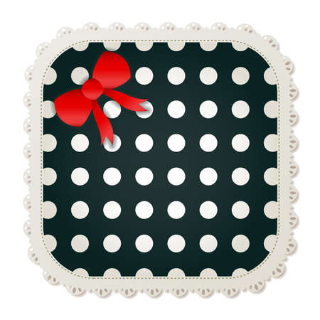 Illustration of a polka dot sewing patch lined with a lace trim and accented with a small red bow のイラスト素材