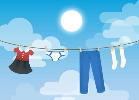 Illustration depicting a family s laundry hanging against a beautiful blue sky backdrop のイラスト素材